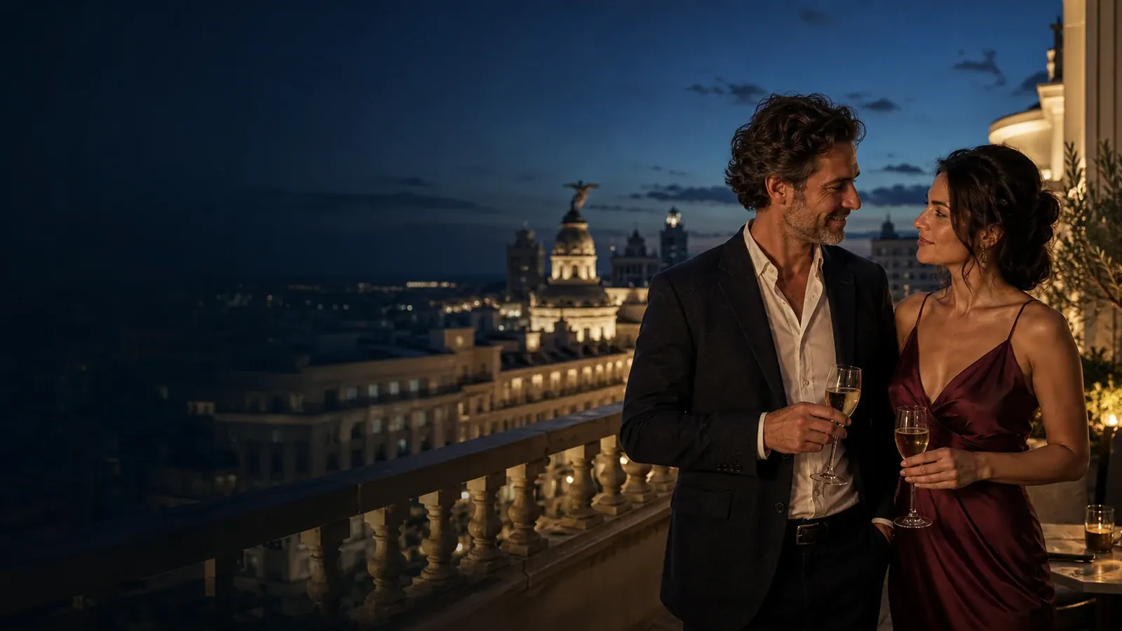 Pareja adulta disfrutando de una cita sugar en Madrid al anochecer